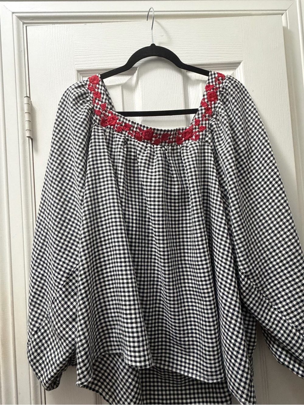 Savanna Jane Black-and-White Gingham Blouse with Red Embroidered Neckline - Picture 2 of 4